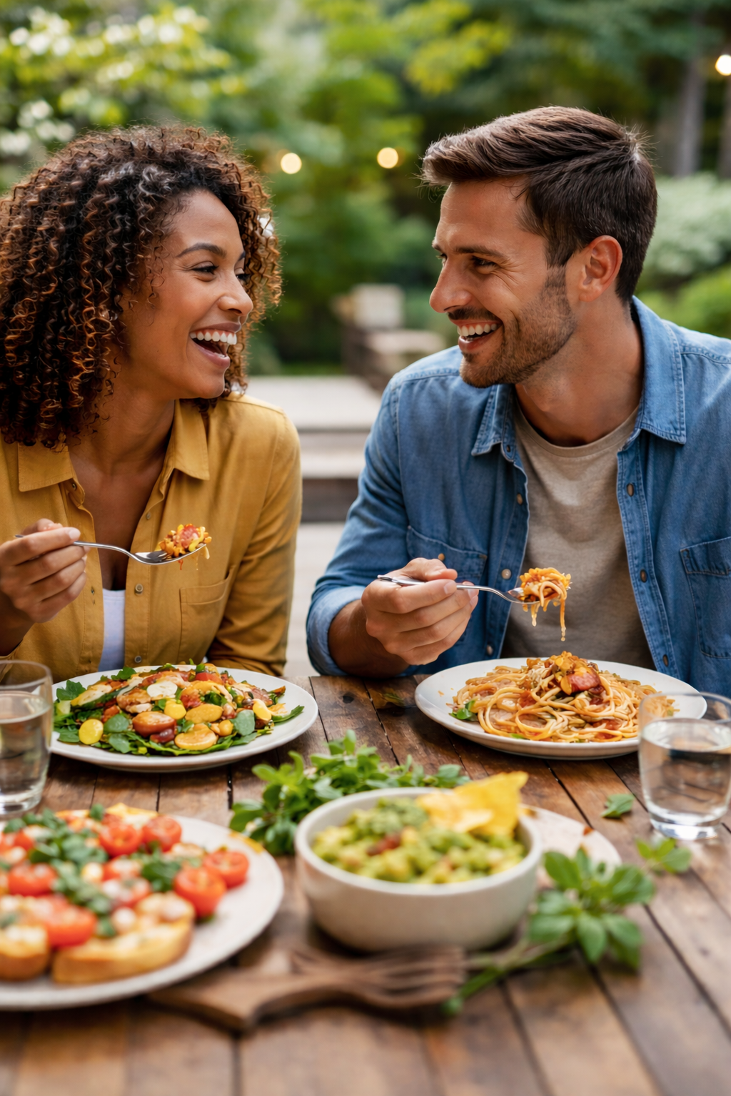 A man and woman enjoying a meal outdoors, sharing pasta and salad, smiling and laughing.