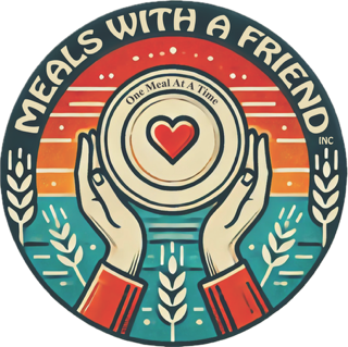 Design featuring two hands holding a plate with a heart at the center, surrounded by text 'Meals with a Friend' and 'One Meal At a Time' with a colorful, retro style.