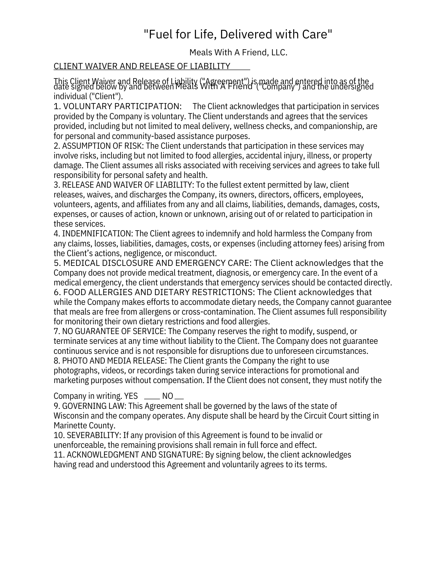Client waiver and release of liability document for Meals With A Friend, LLC, titled 'Fuel for Life, Delivered with Care,' contains legal clauses and checkboxes for the client's signature indicating agreement or disagreement.