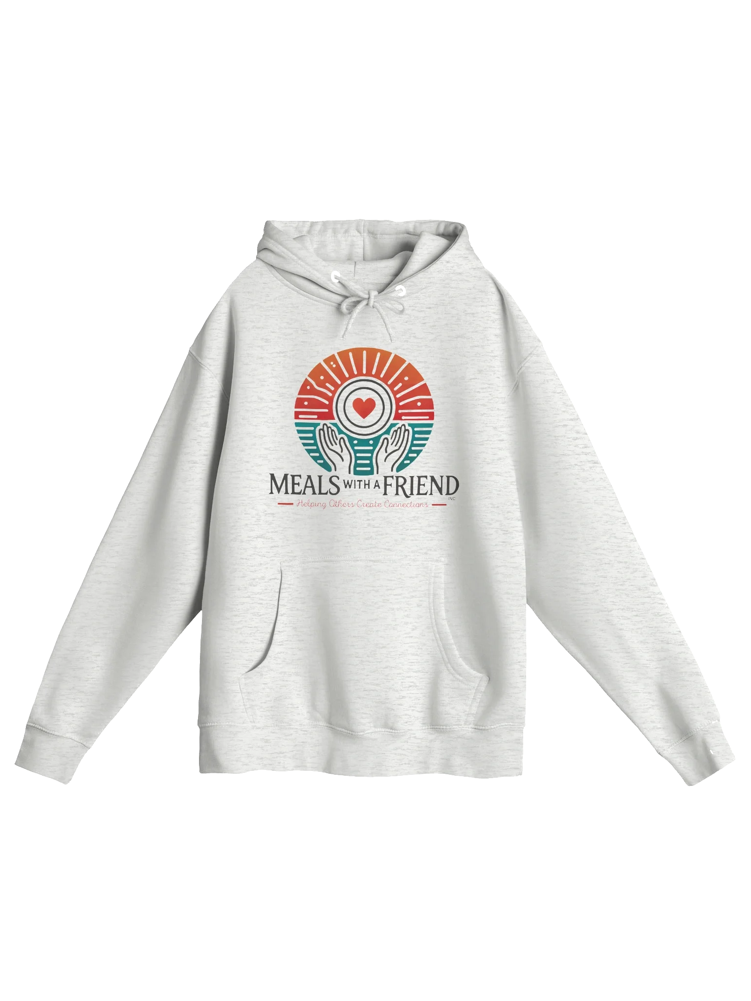 Meals with a Friend Warm Connection Hoodie featuring heart and hands logo beneath a glowing sunset, symbolizing warmth, kindness, and community. Soft unisex hoodie displayed on a white background.