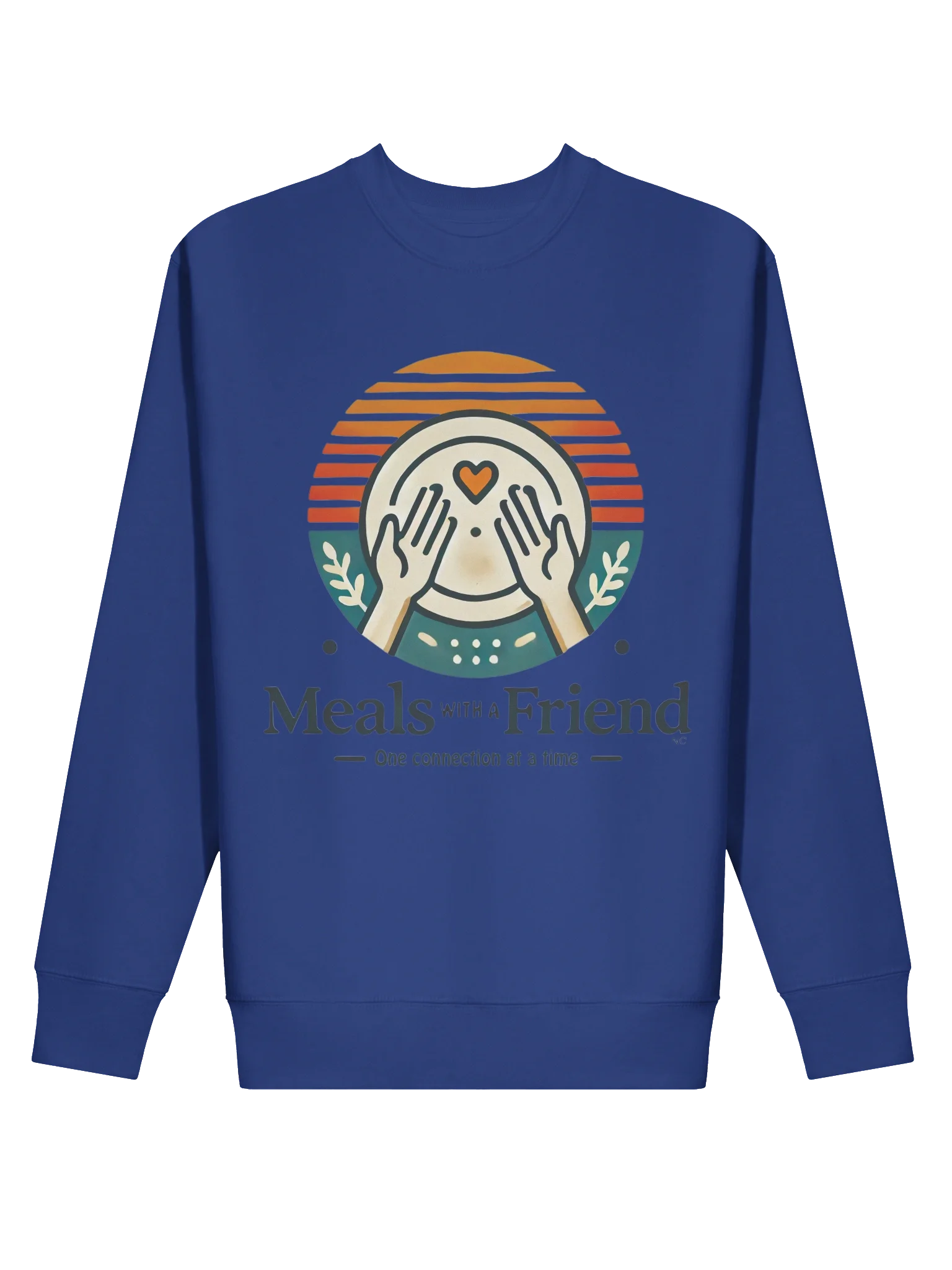 Meals with a Friend One Connection Sweatshirt featuring open hands holding a heart-centered plate beneath a glowing sunset, symbolizing kindness, hope, and community.