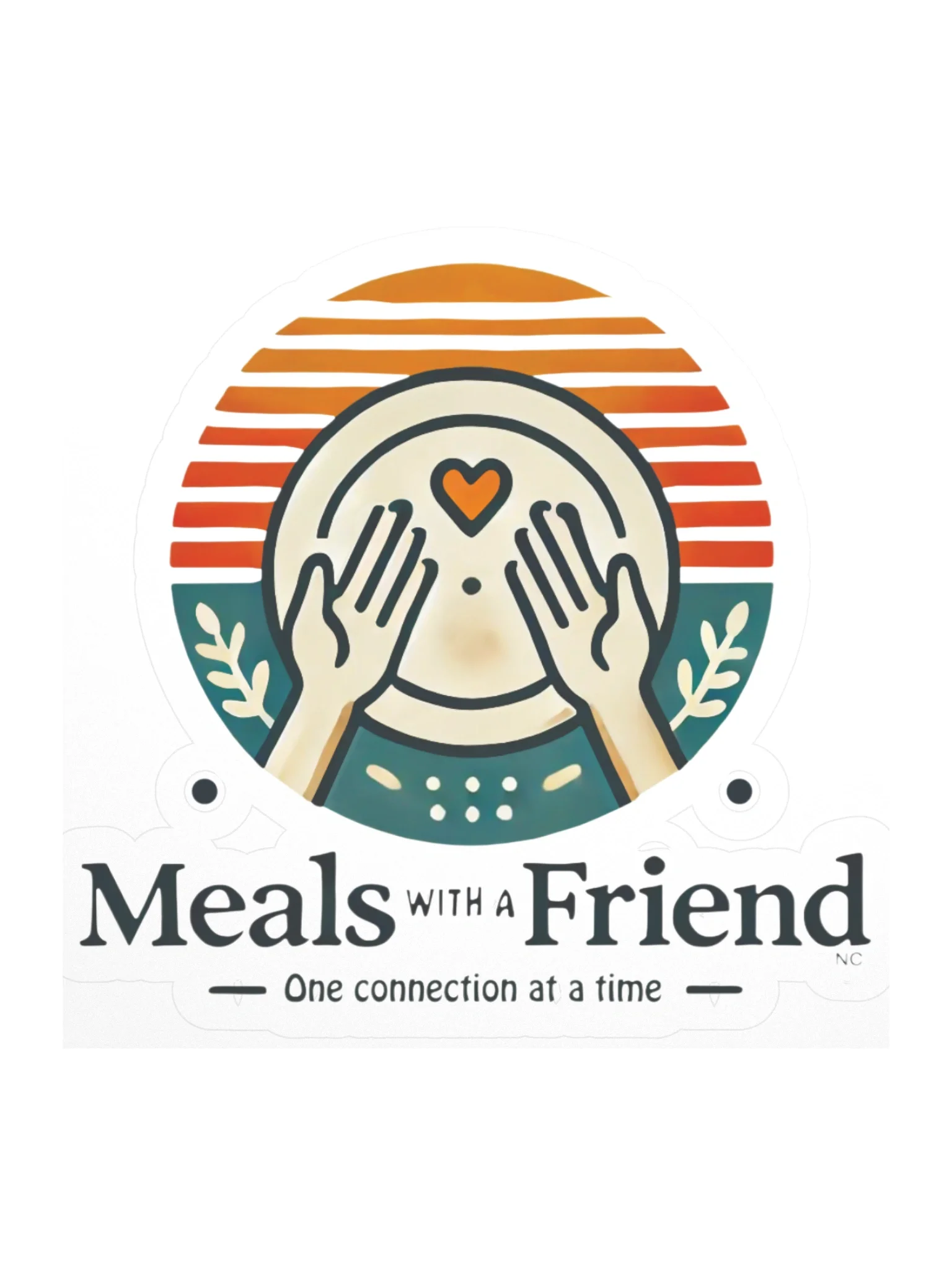 Logo for Meals with a Friend featuring two hands holding a plate with a heart symbol in the middle, with stylized sunset and leaves in the background, and the tagline "One connection at a time."