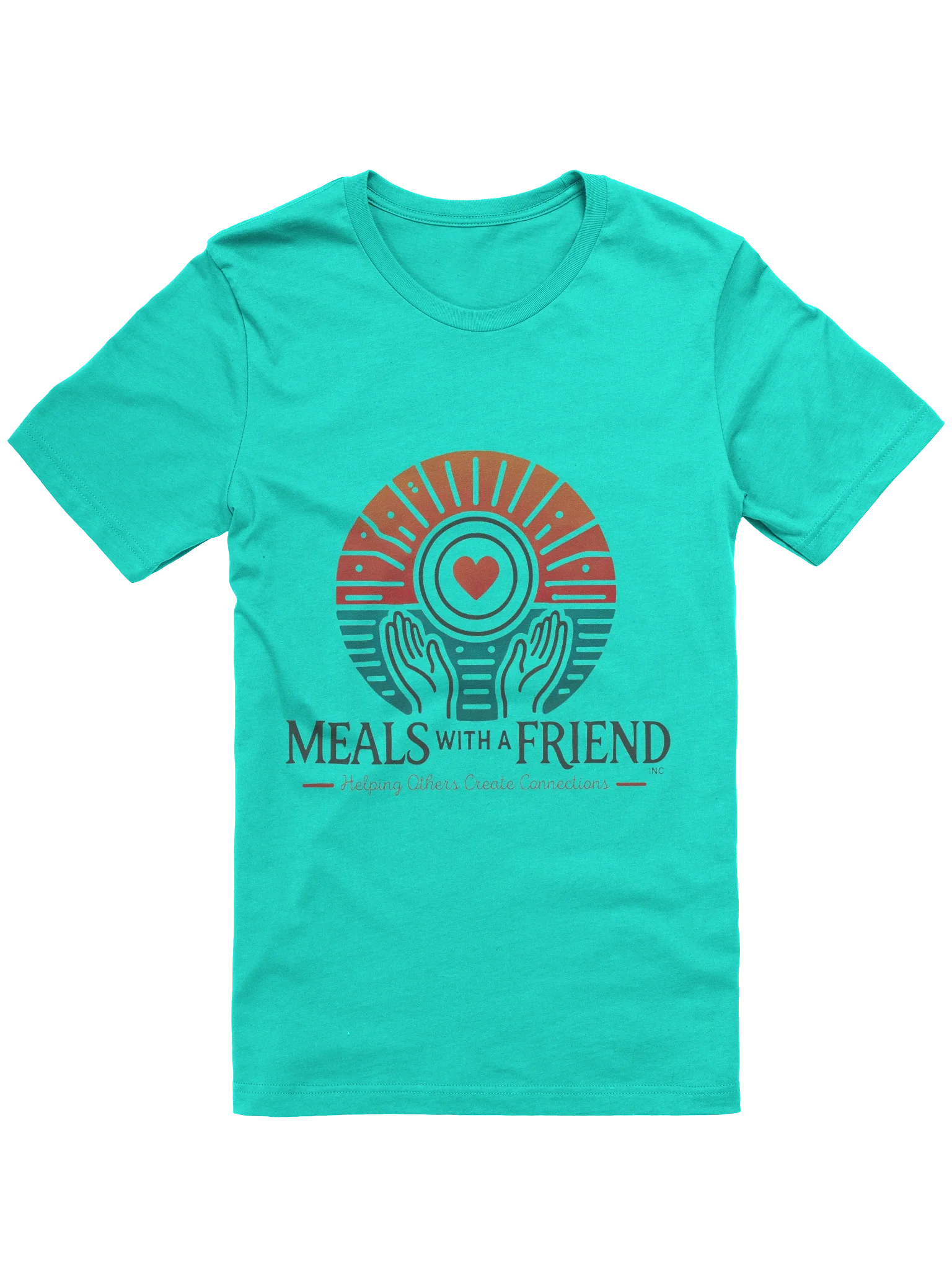 Meals with a Friend Helping Others Create Connection T-shirt featuring open hands lifting a heart-centered plate beneath a radiant sunset, symbolizing kindness, care, and community. Soft unisex cotton shirt displayed on a white background.