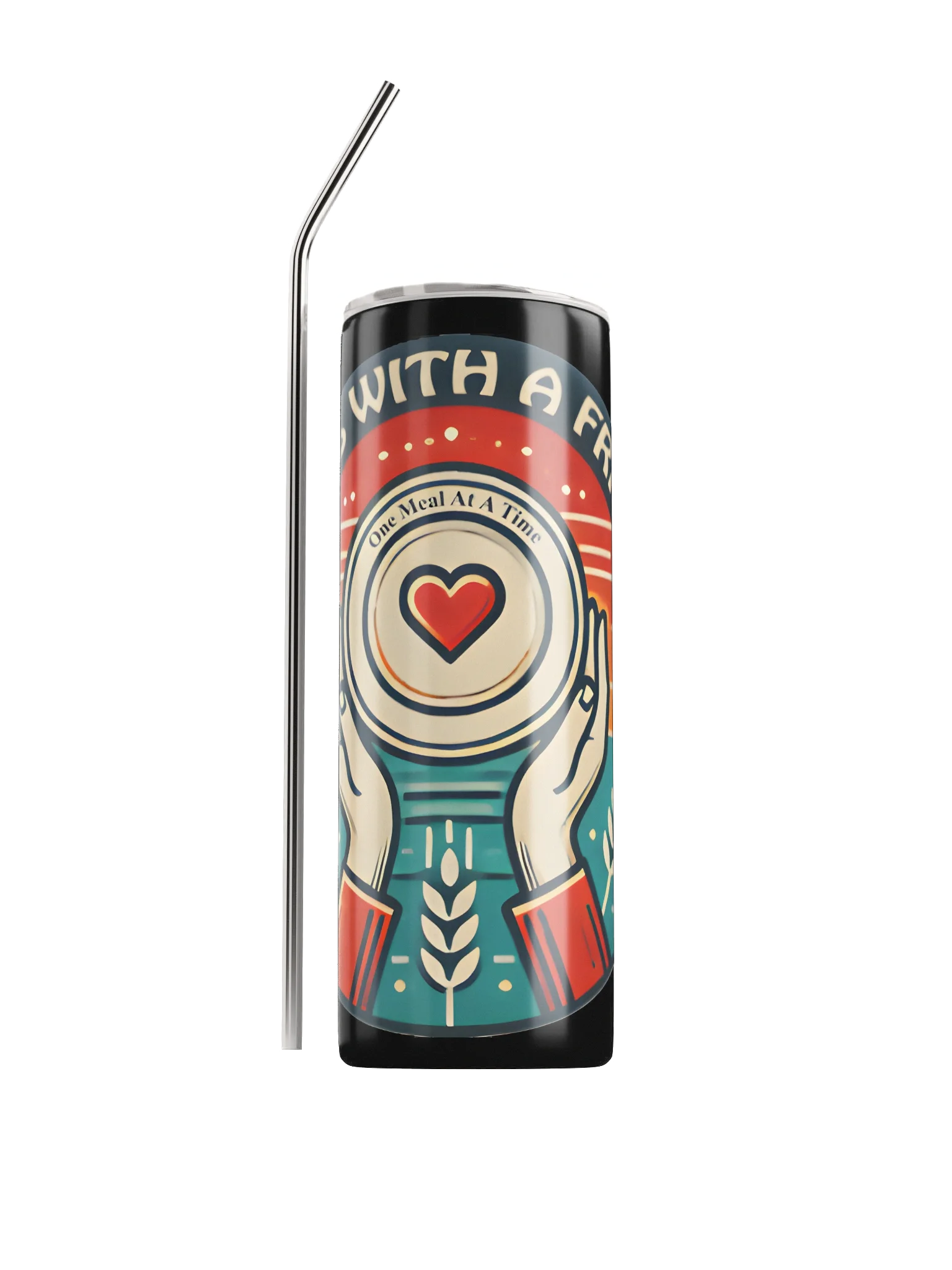 Meals with a Friend 20oz One Meal at a Time stainless steel tumbler featuring heart and hands logo and the phrase “Warming Hearts, One Sip at a Time.” Double-walled insulated design with clear press-in lid, displayed on a white background.