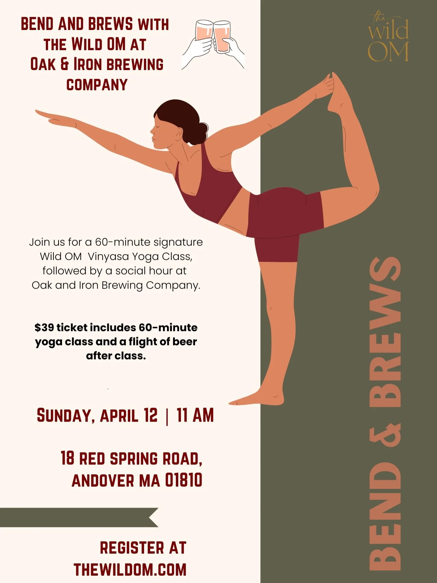 Yoga first. Beer after.
We call that balance.

Join us for Bend &amp; Brews, a Wild OM pop-up at Oak &amp; Iron Brewing Company.

Flow through a 60-minute vinyasa yoga class, then stay for a beer flight and social hour with the Wild OM community.

📅