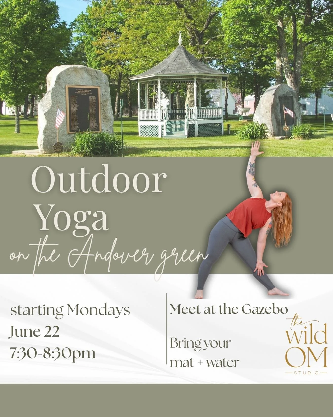 same class you love.
new scenery. 🌿

starting june 22, nicole&rsquo;s monday 7:30pm flow will move outdoors to the andover green for the summer.

meet us at the gazebo, bring your mat + water, and enjoy practice under the evening sky. ☀️

#andoverma