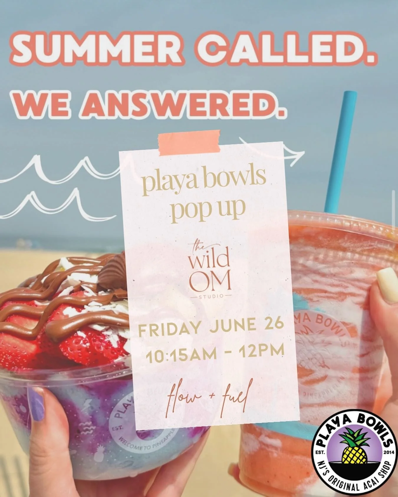 fuel your flow 🍓🥭🥥

we&rsquo;re excited to welcome Playa Bowls North Andover to Wild Om for a special pop-up in the lobby!

stop by before or after class to enjoy complimentary samples, meet the team, and discover your new favorite post-practice t