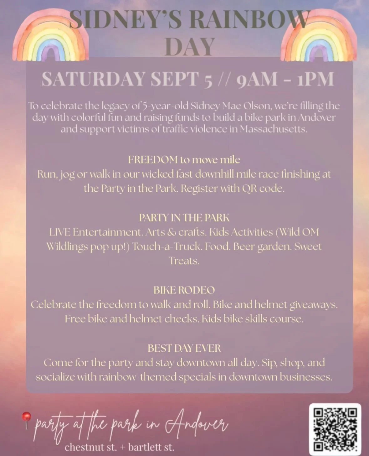 rainbow day is almost here 🌈✨ come celebrate sidney&rsquo;s legacy with a full weekend of movement, connection + community!

join us at sidney&rsquo;s rainbow day on saturday, september 5 from 9&ndash;1 at the park in andover &mdash; wild om will be