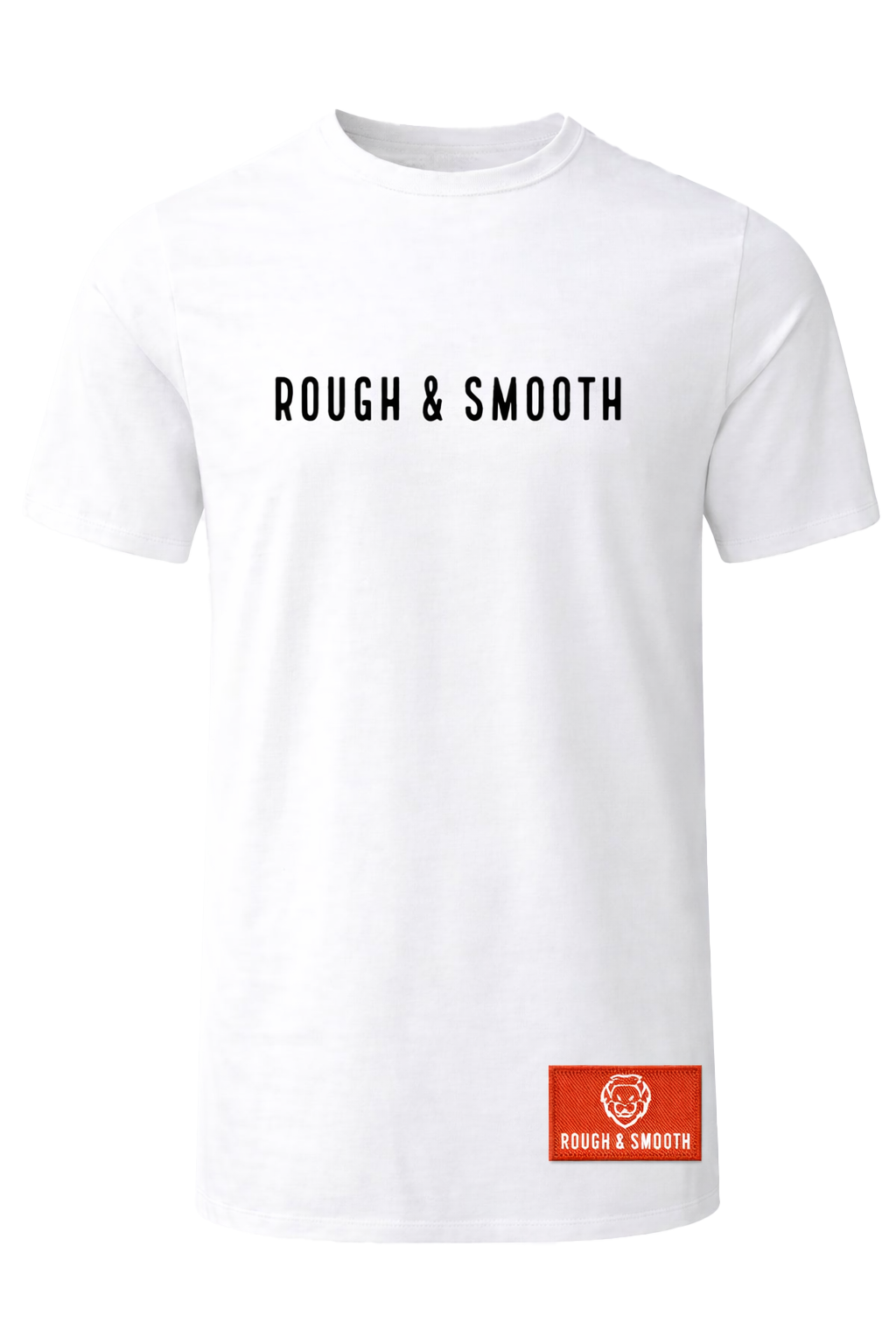 Rough & Smooth white T-shirt with black front logo and red brand tag detail.