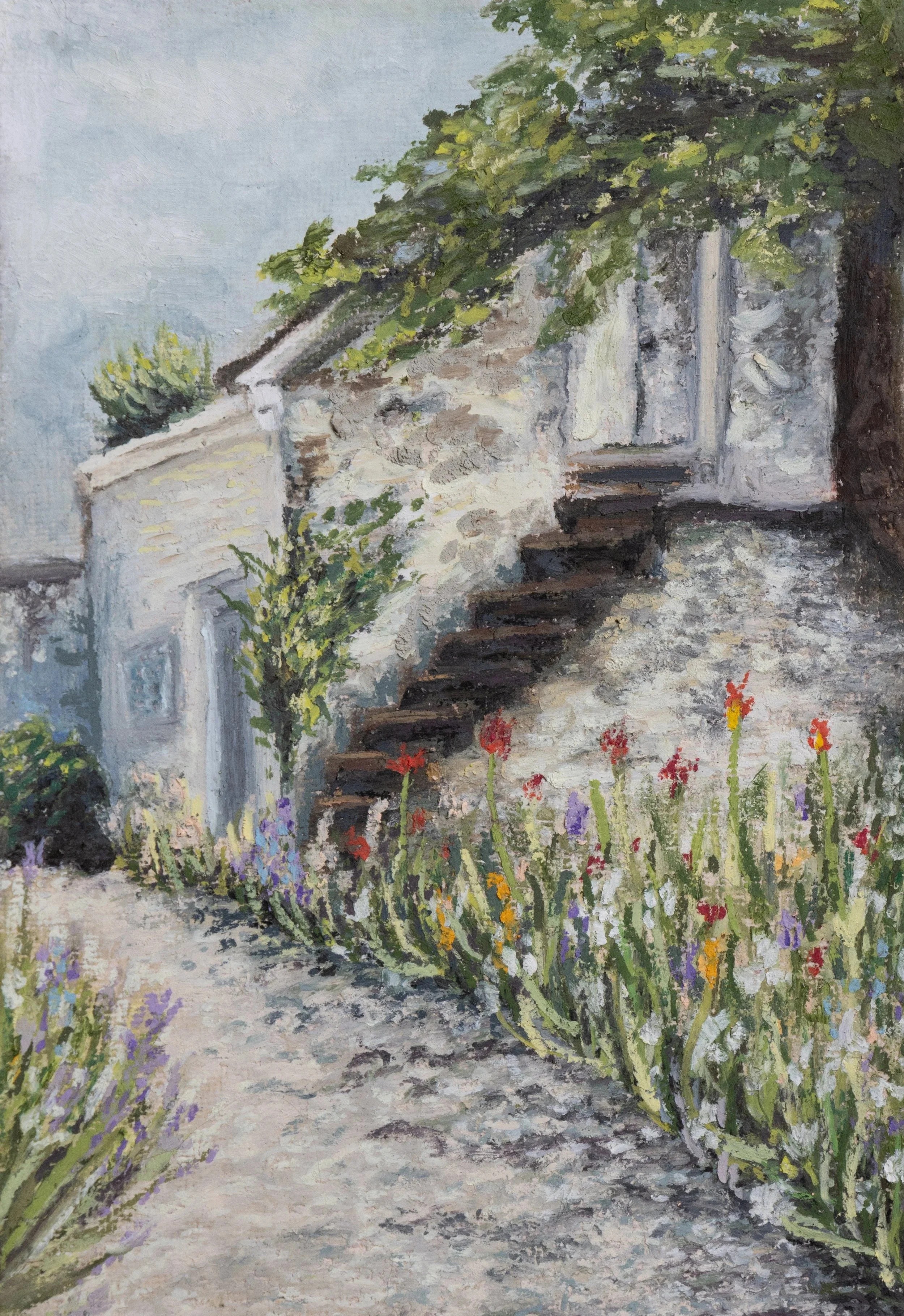 Oil pastel painting of a rustic stone house with wooden stairs, plants, and colorful flowers along a cobblestone pathway.