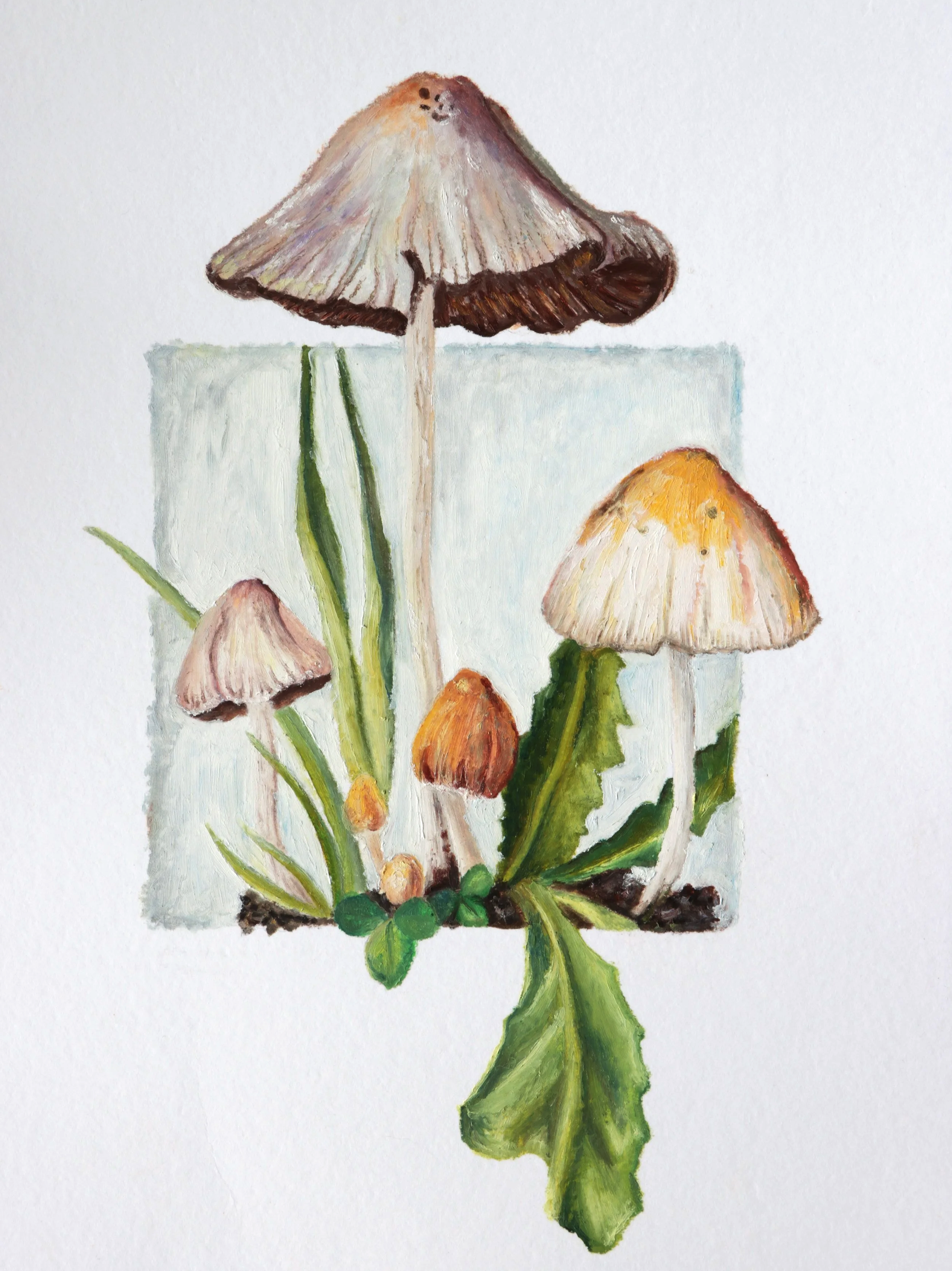 Oil pastel painting of wild mushrooms and green leaves growing in soil.