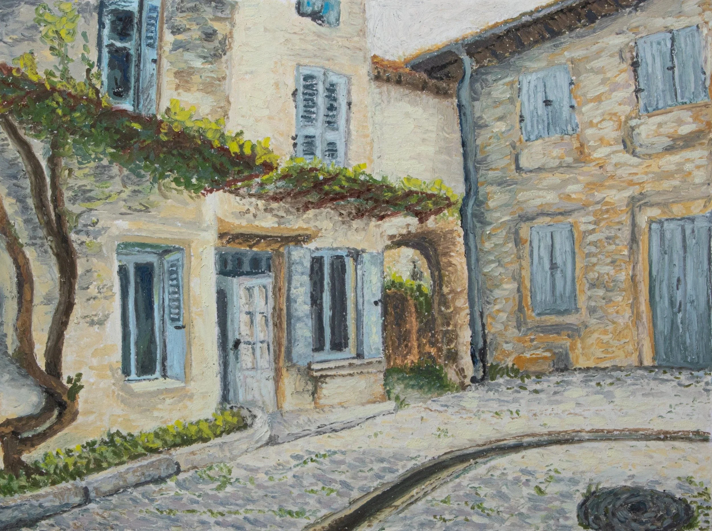 Painted scene of rustic European buildings with stone walls, wooden shutters painted blue, a narrow cobblestone street, and green vines growing on the building facade.