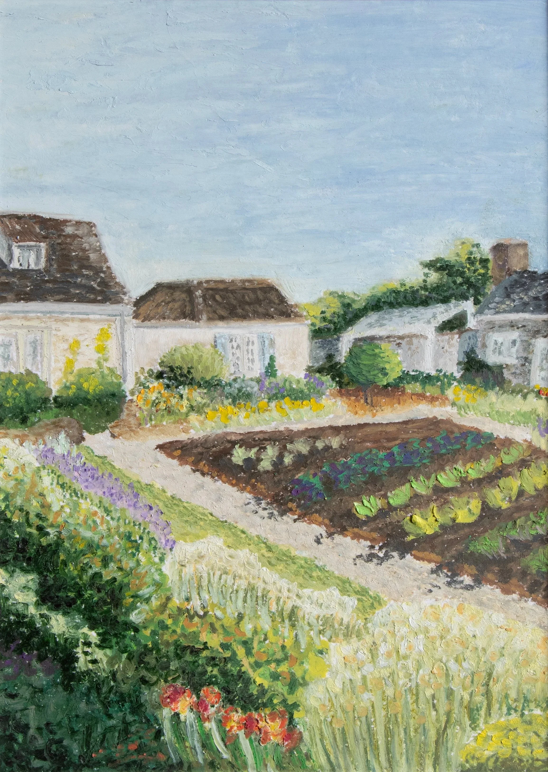 A painting of a lush vegetable garden with rows of colorful vegetables, bushes, and flowers, with houses and blue sky in the background.