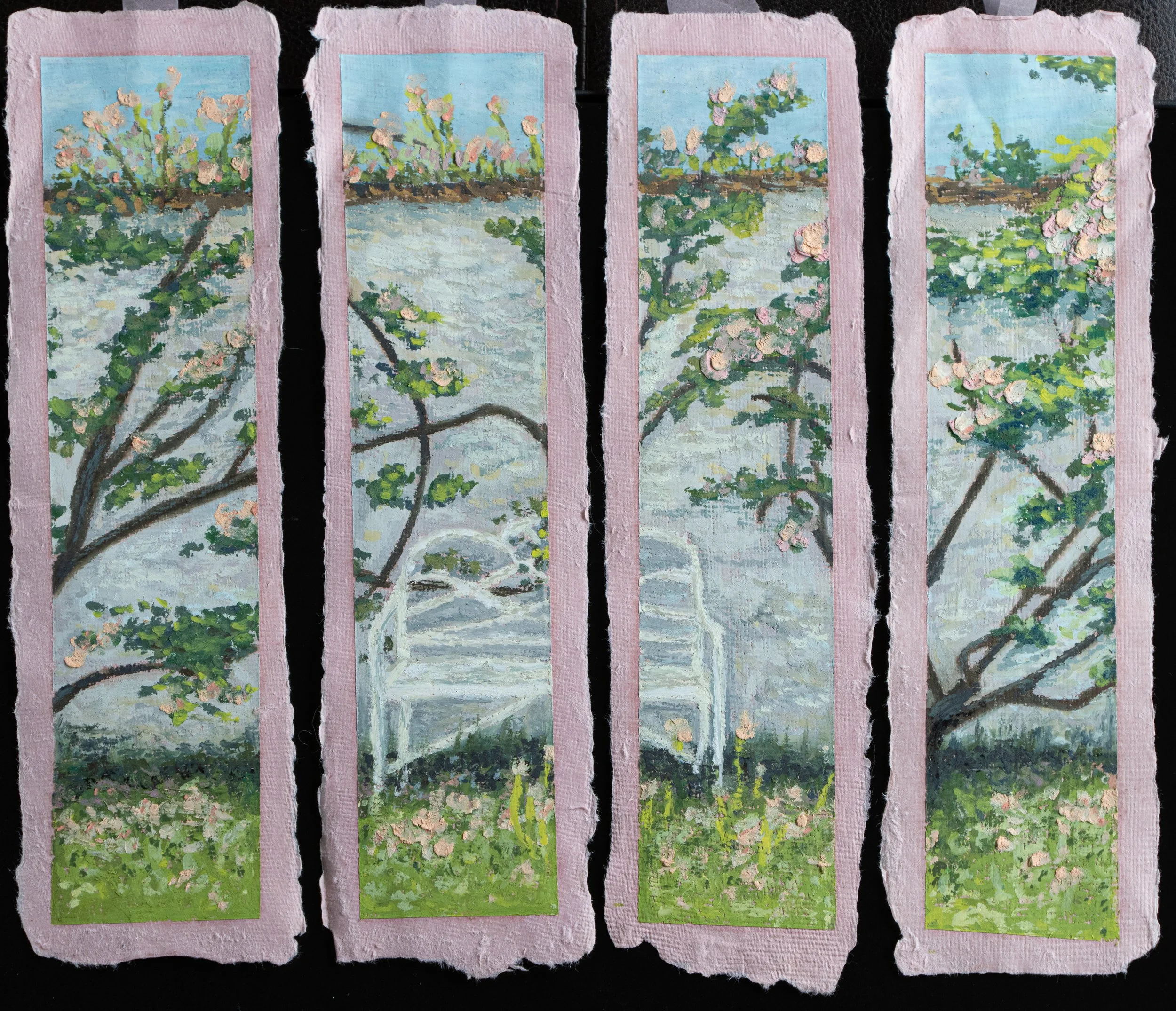 Four pieces of torn paper with an impressionistic painting of a garden scene, including a white bench, blooming trees, and lush green grass, on pink paper with black background.
