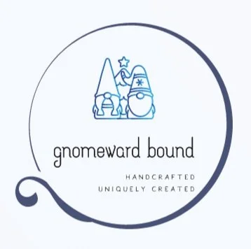 Logo with gnomes inside a circle, with the text 'gnomeward bound' and 'handcrafted uniquely created' below.