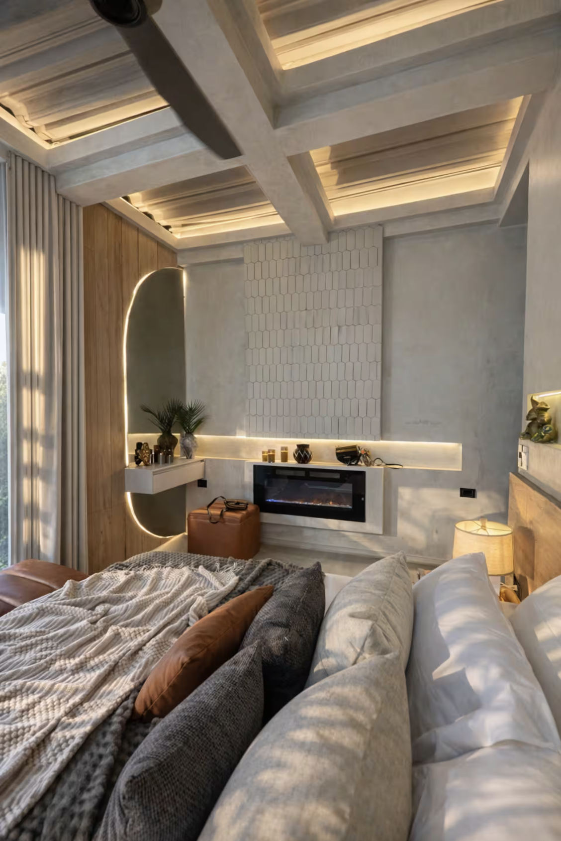 Modern bedroom with a neatly made bed, gray and teal pillows, a bedside lamp, and a window showing outdoor greenery.