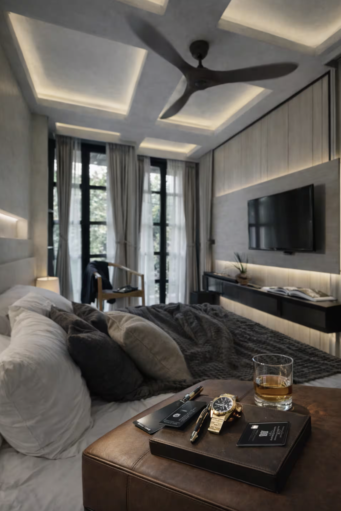 Modern marble shower with rainfall showerhead, two small windows, shelf with toiletries, and a wooden mat. The shower is enclosed with glass panels.