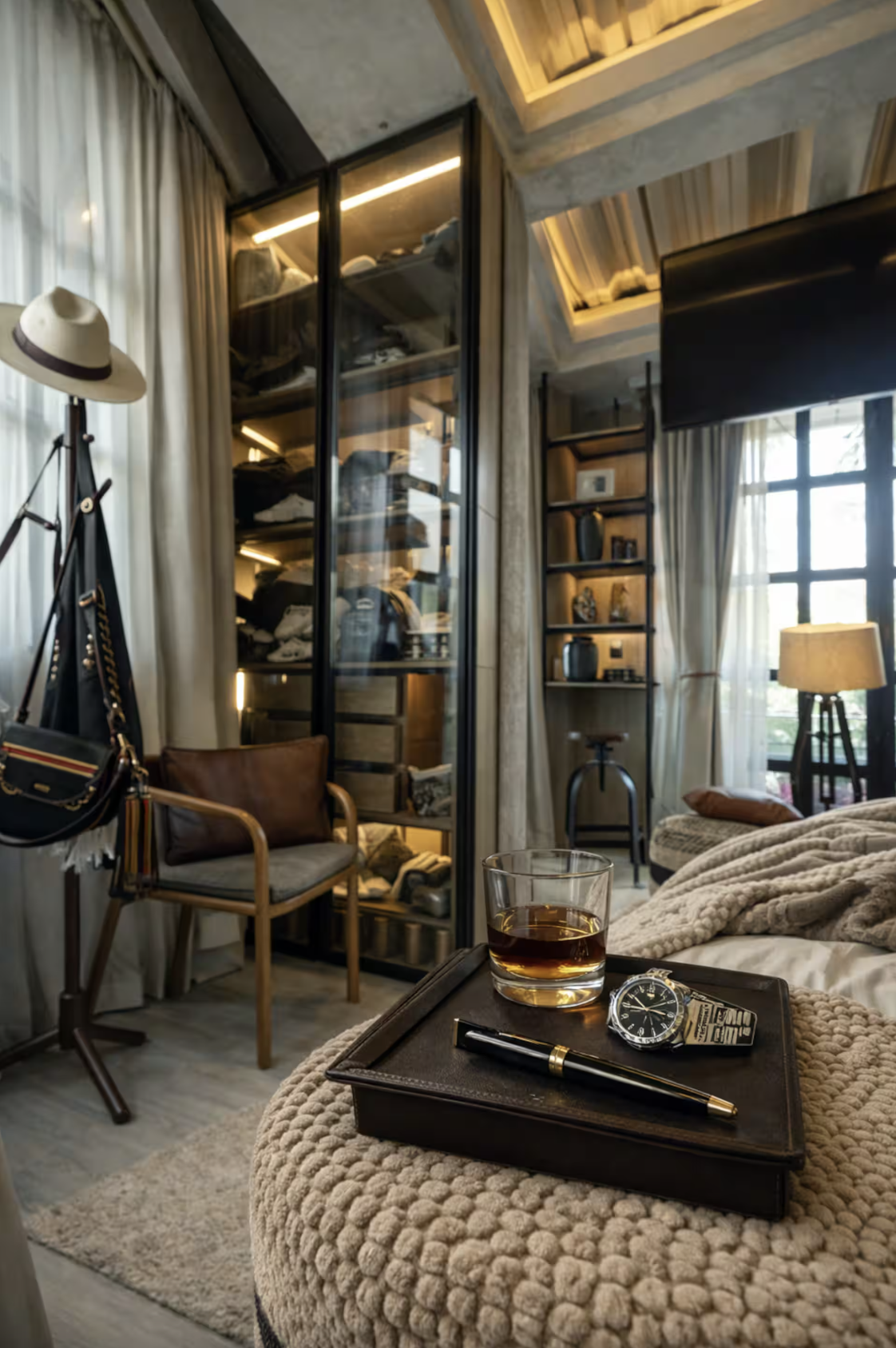 Modern bedroom with wooden panel accent wall, king-size bed with white and teal pillows, pendant lamp, white chaise lounge, and wooden ceiling beams.