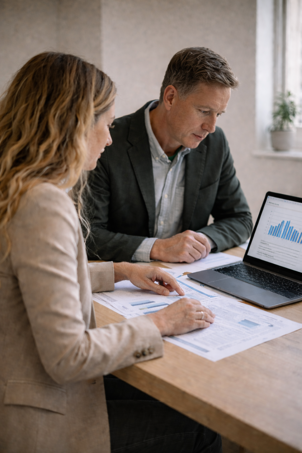 Two professionals reviewing financial reports at a meeting table, discussing charts displayed on a laptop in a modern office setting.