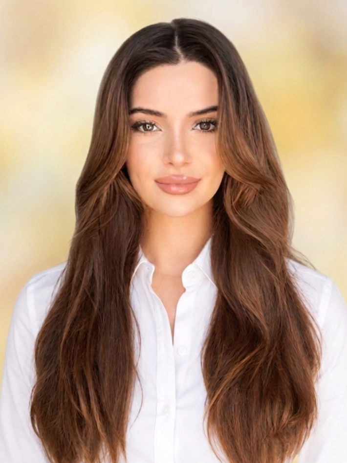 A woman with long, wavy brown hair wearing a white collared shirt.