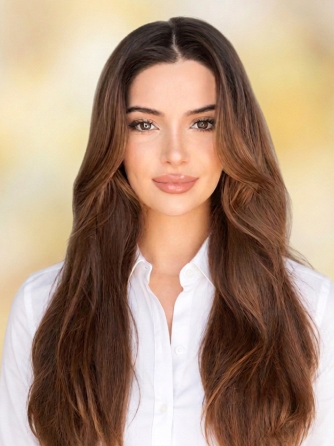 Woman with dark long dark hair, wearing a white shirt against a yellow backdrop
