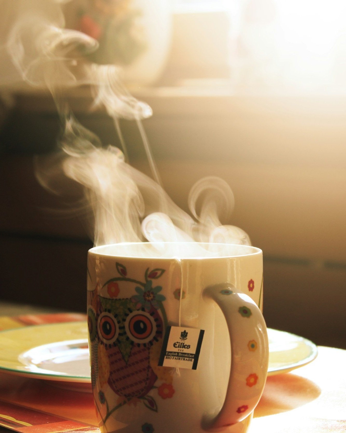 A steaming cup of tea or coffee in a colorful owl-patterned mug placed on a table near a window with sunlight shining through.