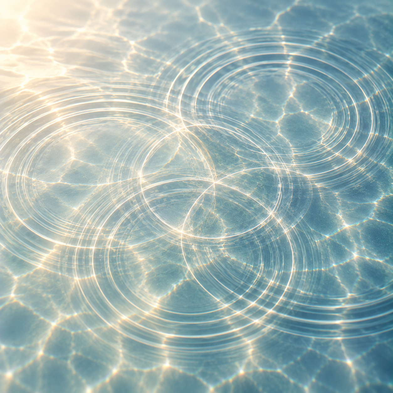 Intersecting circular ripples revealing geometric patterns beneath the surface of the water