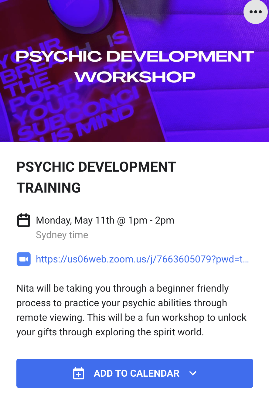 Advertisement for a Psychic Development Workshop, scheduled for Monday, May 11th from 1pm to 2pm Sydney time, with a Zoom link provided. Descriptive text about practicing psychic abilities and exploring the spirit world.