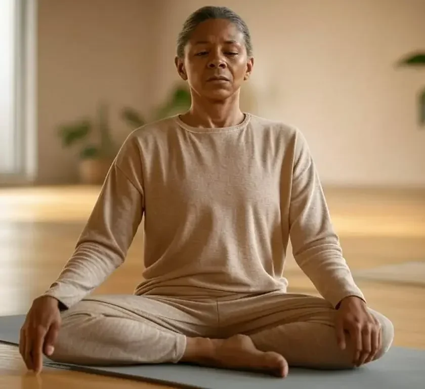 Middle-aged individual seated on a yoga mat performing shoulder rolls in a serene, naturally lit wellness space.Middle-aged individual seated on a yoga mat performing shoulder rolls in a serene, naturally lit wellness space.