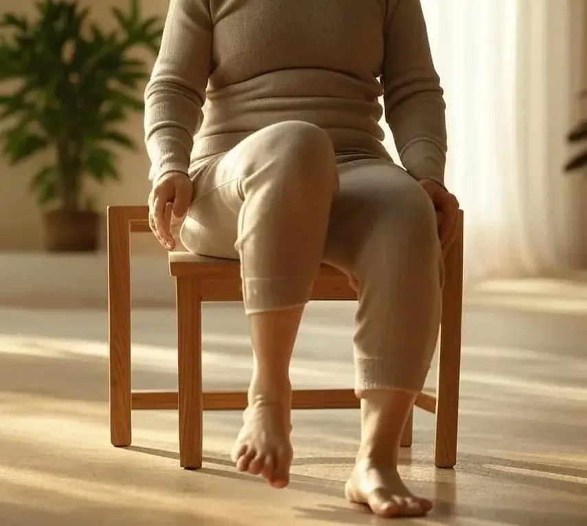 Person seated on a wooden chair performing a gentle seated leg lift in a bright, calming room with warm natural light and greenery in the background.