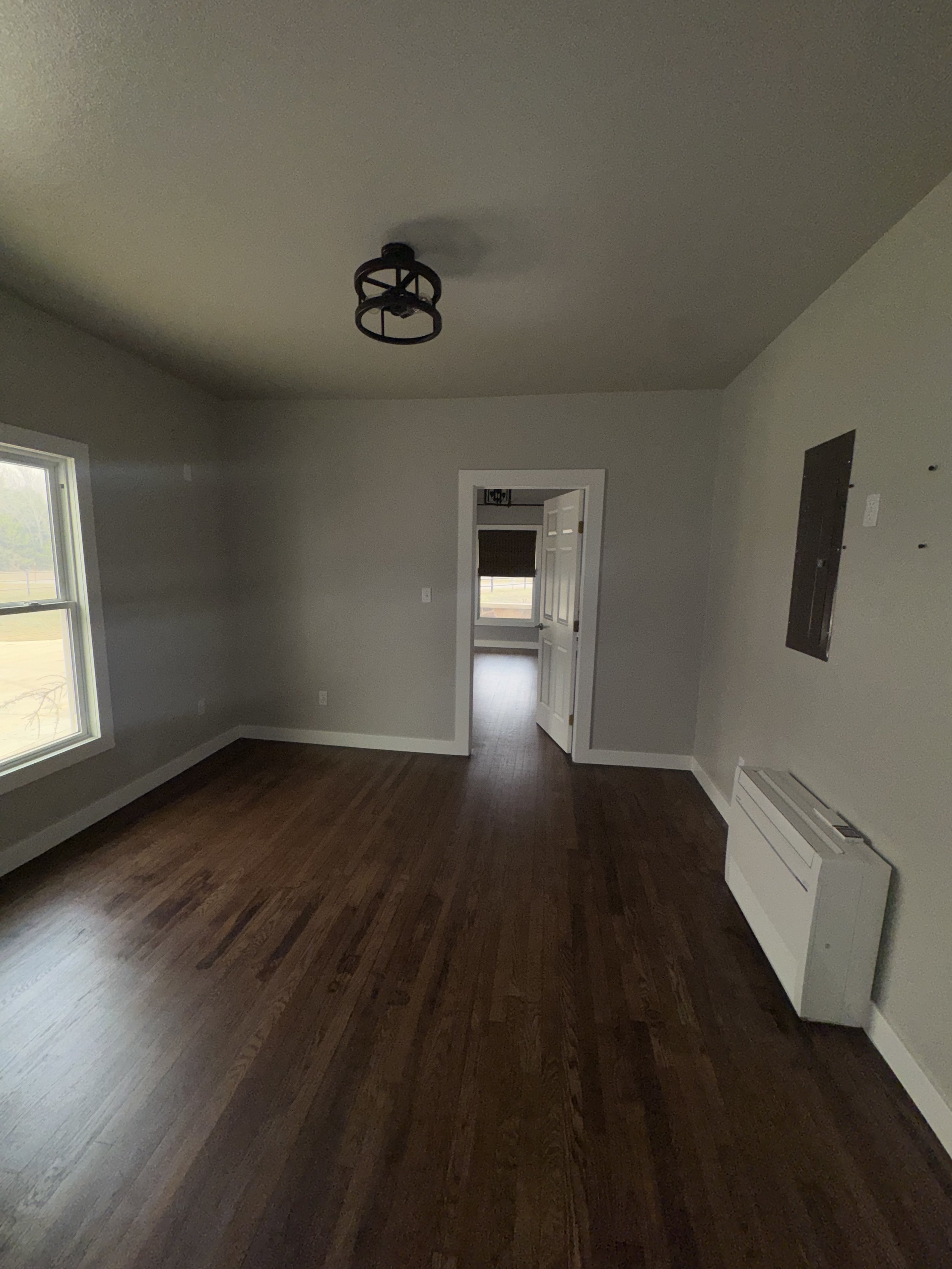 Hard wood refinish, base boards installion, painting of walls and ceiling.