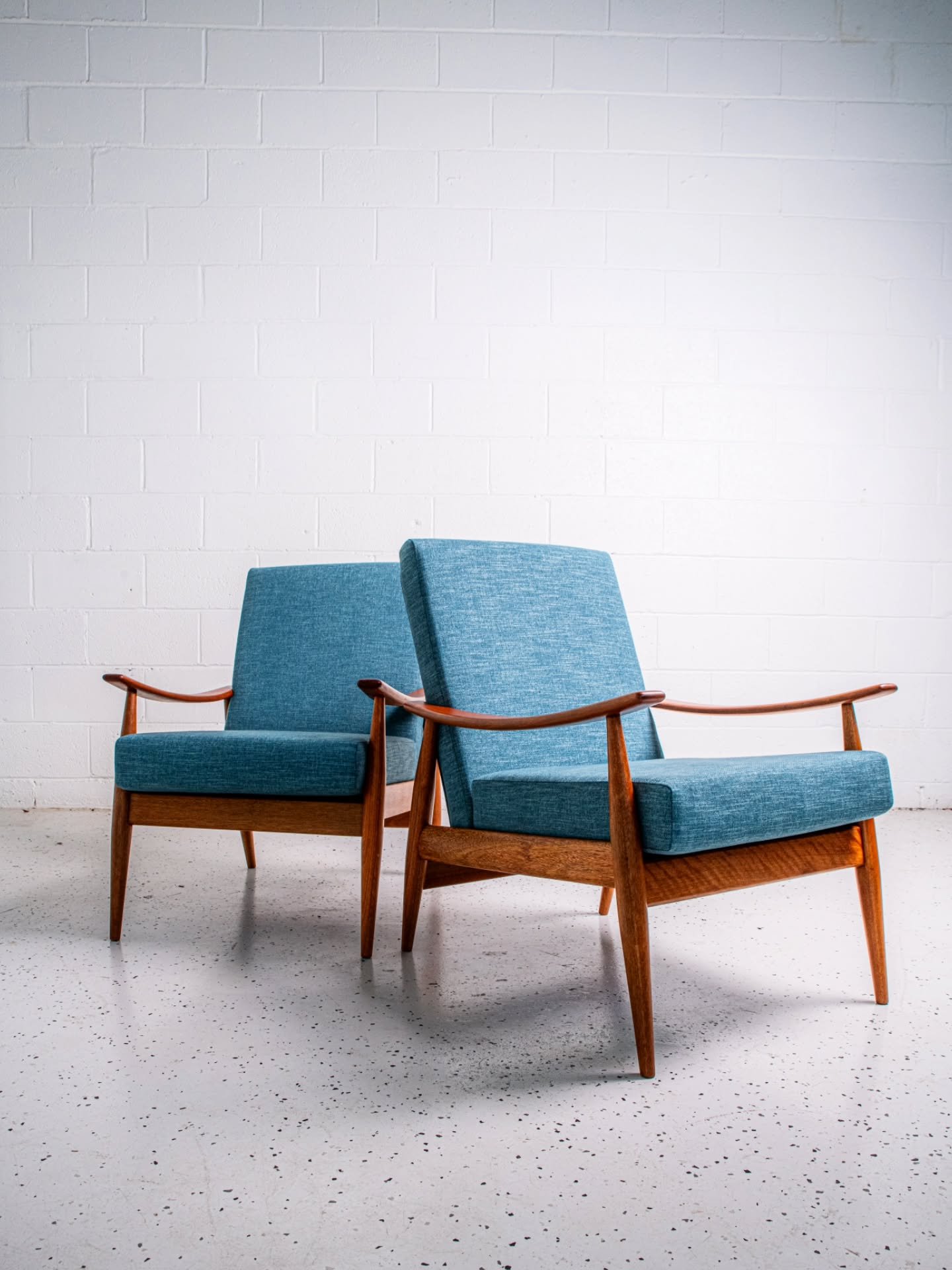 New in store and online: This stylish pair of fully restored armchairs by T.H. Brown, circa 1960s. 

Featuring artful curvature, shaped arms and tapered legs, this is a rare model of armchair we don&rsquo;t come across often. 

This stunning pair has