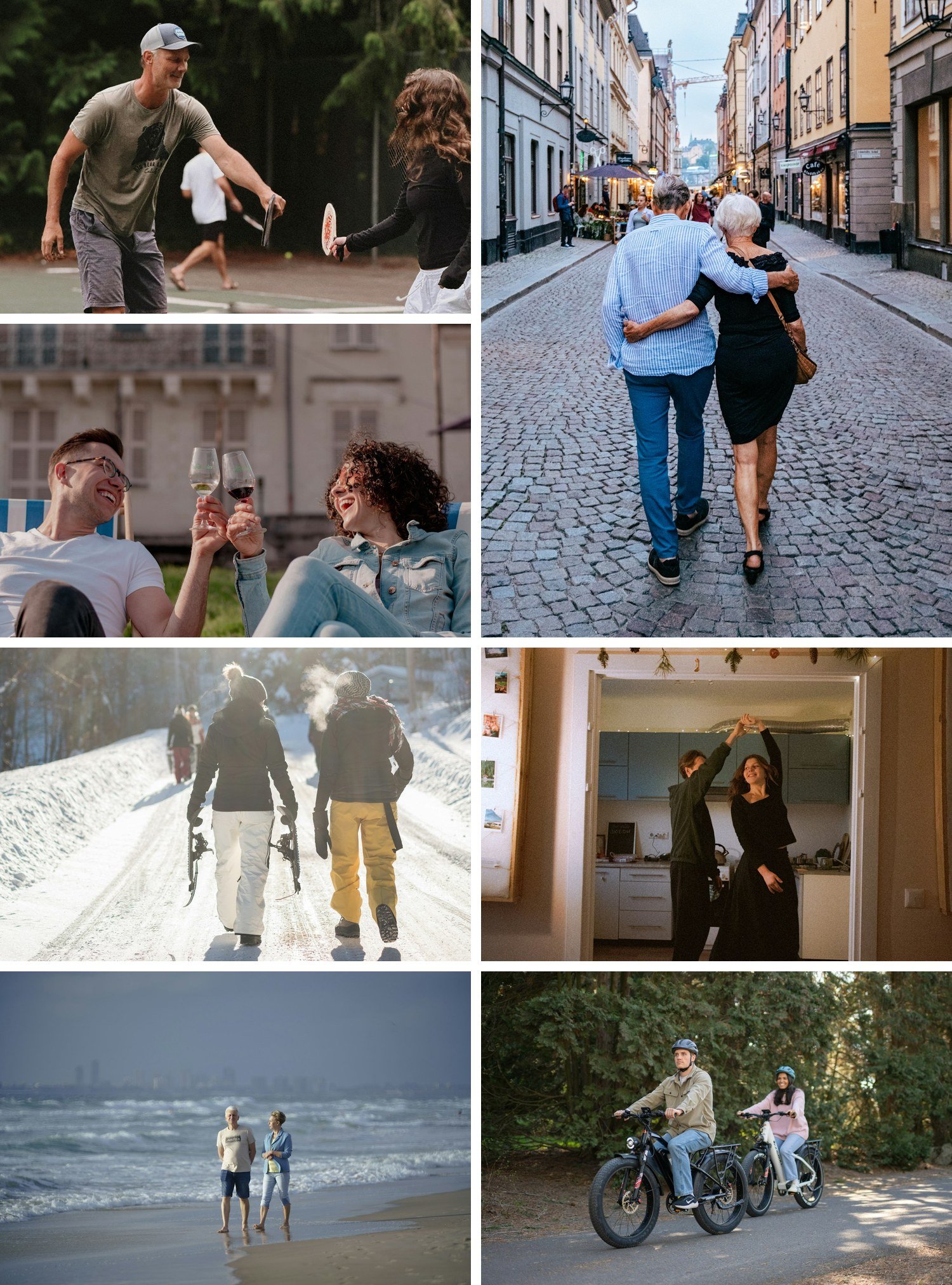 Couples of different ages enjoying time together: playing paddle sports, toasting with wine, skiing, walking on the beach, strolling through town, dancing, and biking.