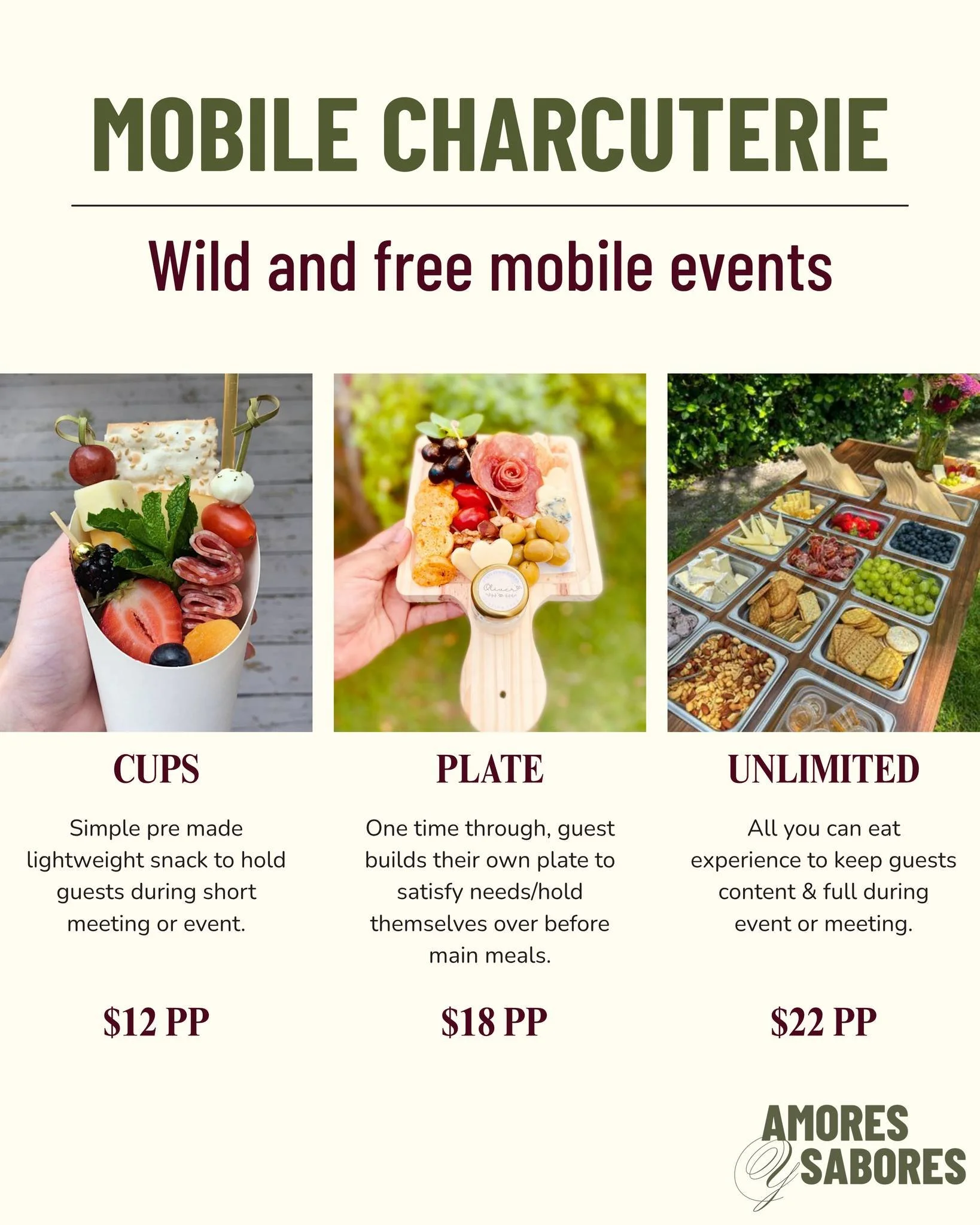 Wild, free, and flavor-packed: our grazing options are designed to match your vibe, from quick bites to all-you-can-eat indulgence.

🥣 Cups: light &amp; ready to go
🍽️ Build-your-own plate: satisfying &amp; elegant
🧀 Unlimited bar: for the nonstop