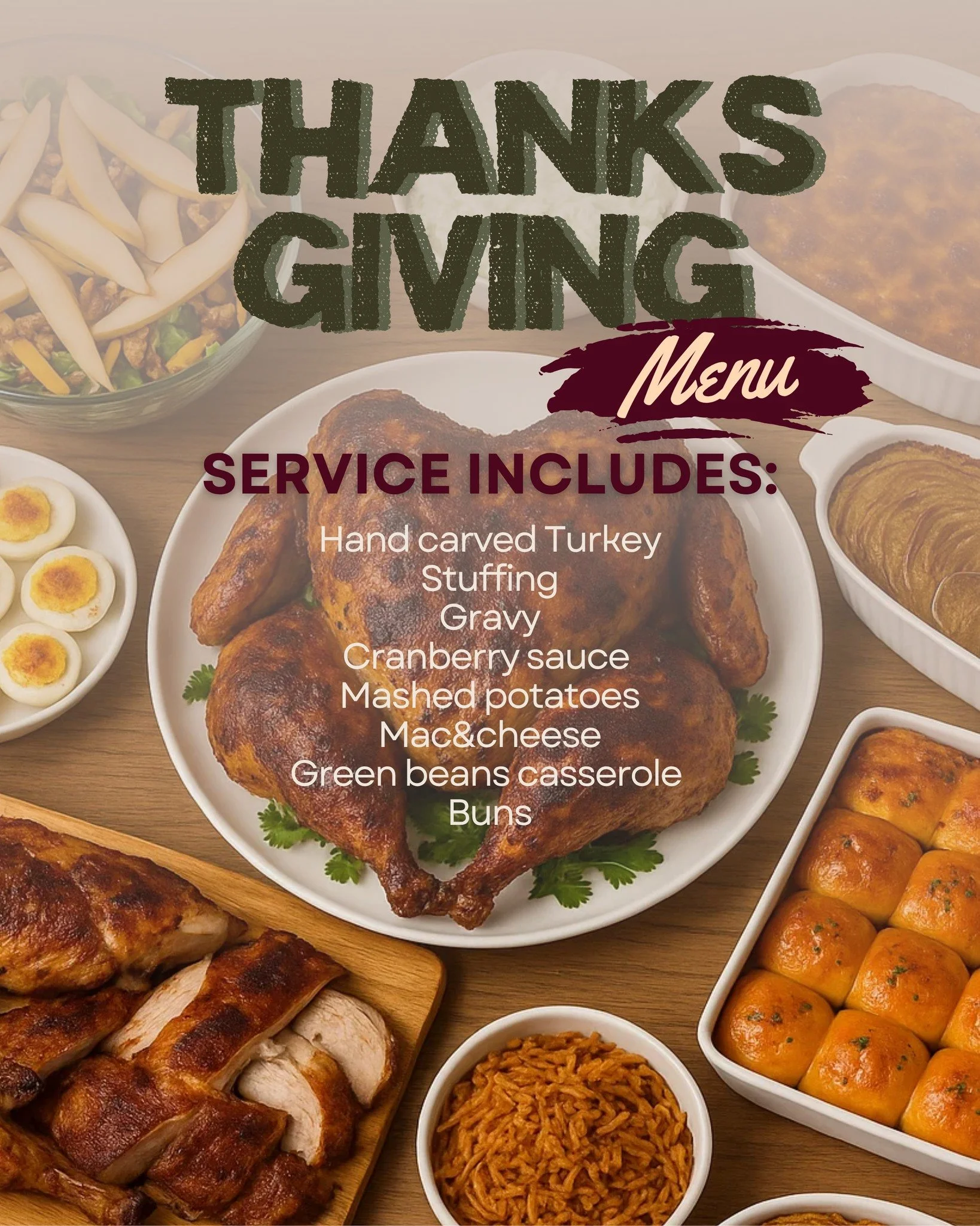 Let us take care of Thanksgiving this year. ✨
Enjoy a beautifully prepared feast &mdash; no cooking, no stress, just pure comfort and flavor.
🥔 Hand-carved turkey, stuffing, mashed potatoes, mac &amp; cheese, and more &mdash; delivered straight to y