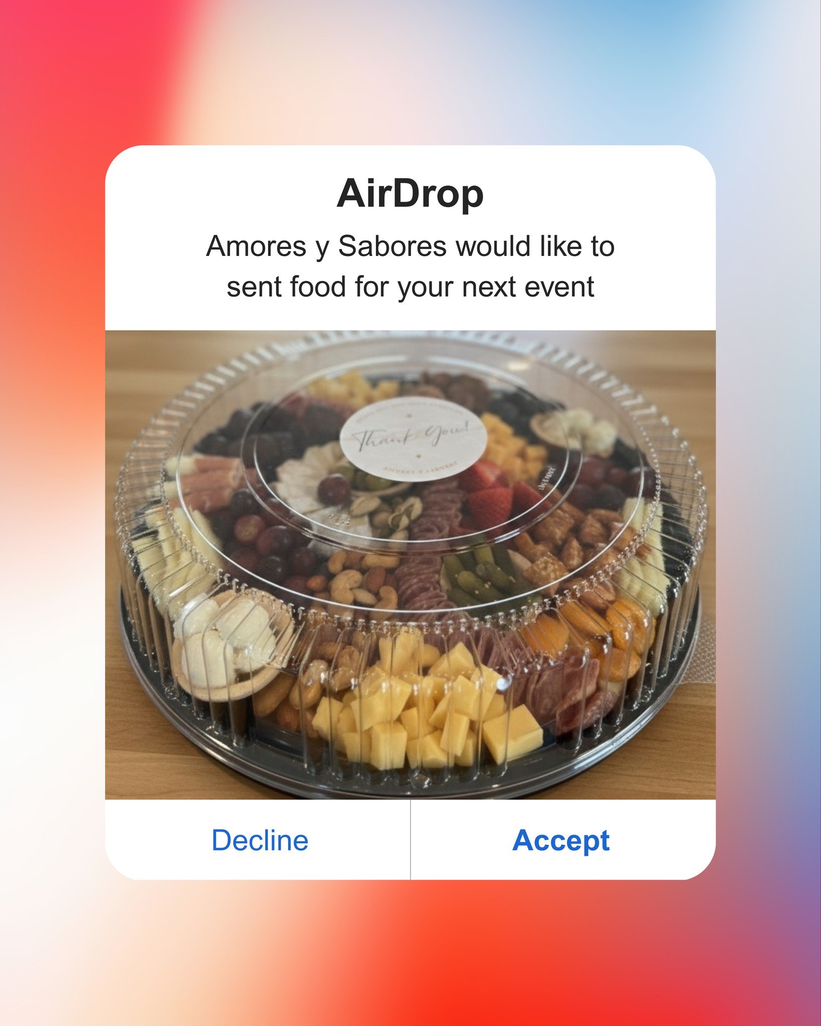 📲 Incoming request&hellip;

Amores y Sabores would like to send delicious food to your next event.
No cooking, no stress &mdash; just beautifully prepared bites delivered straight to your door.

Tap Accept and let us handle the flavor. ✨
#AmoresySab