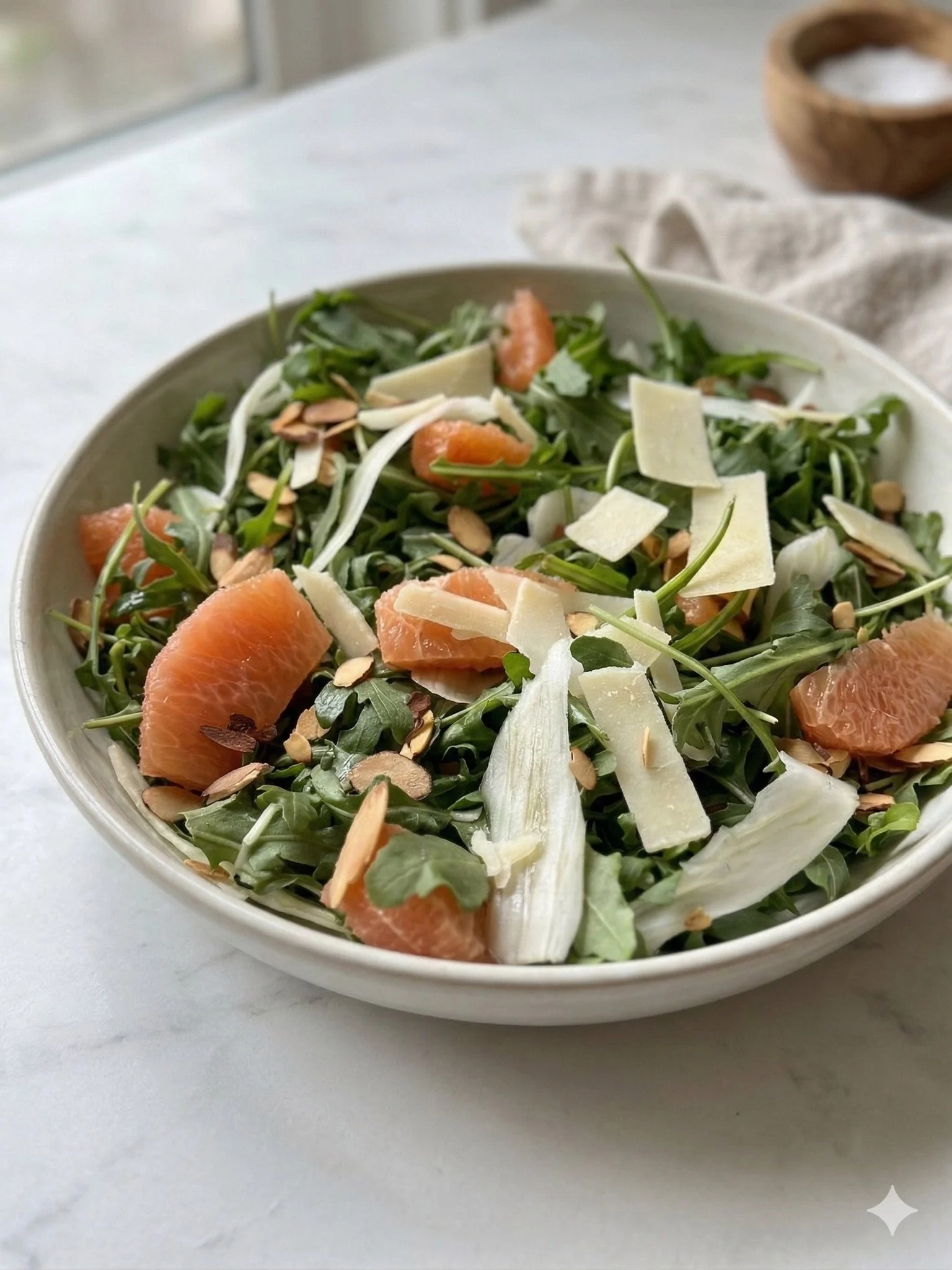 Fresh green salad with slices of grapefruit, shredded cheese, toasted sliced almonds, and mixed greens in a white bowl. Seattle Washington Catering Food Events Serving.