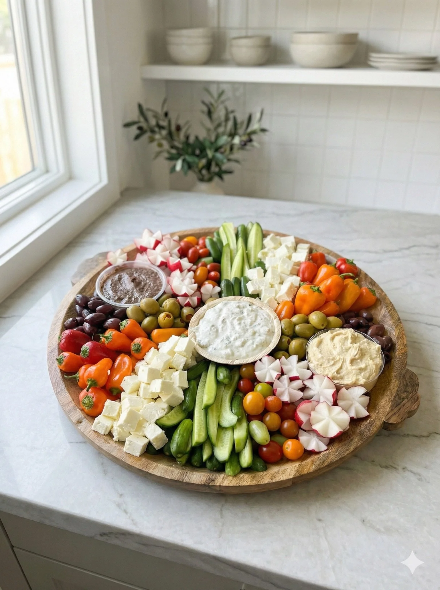 A wooden platter with an assortment of vegetables, cheeses, and dips on a marble countertop near a window. Seattle Washington food delivery events charcuterie.