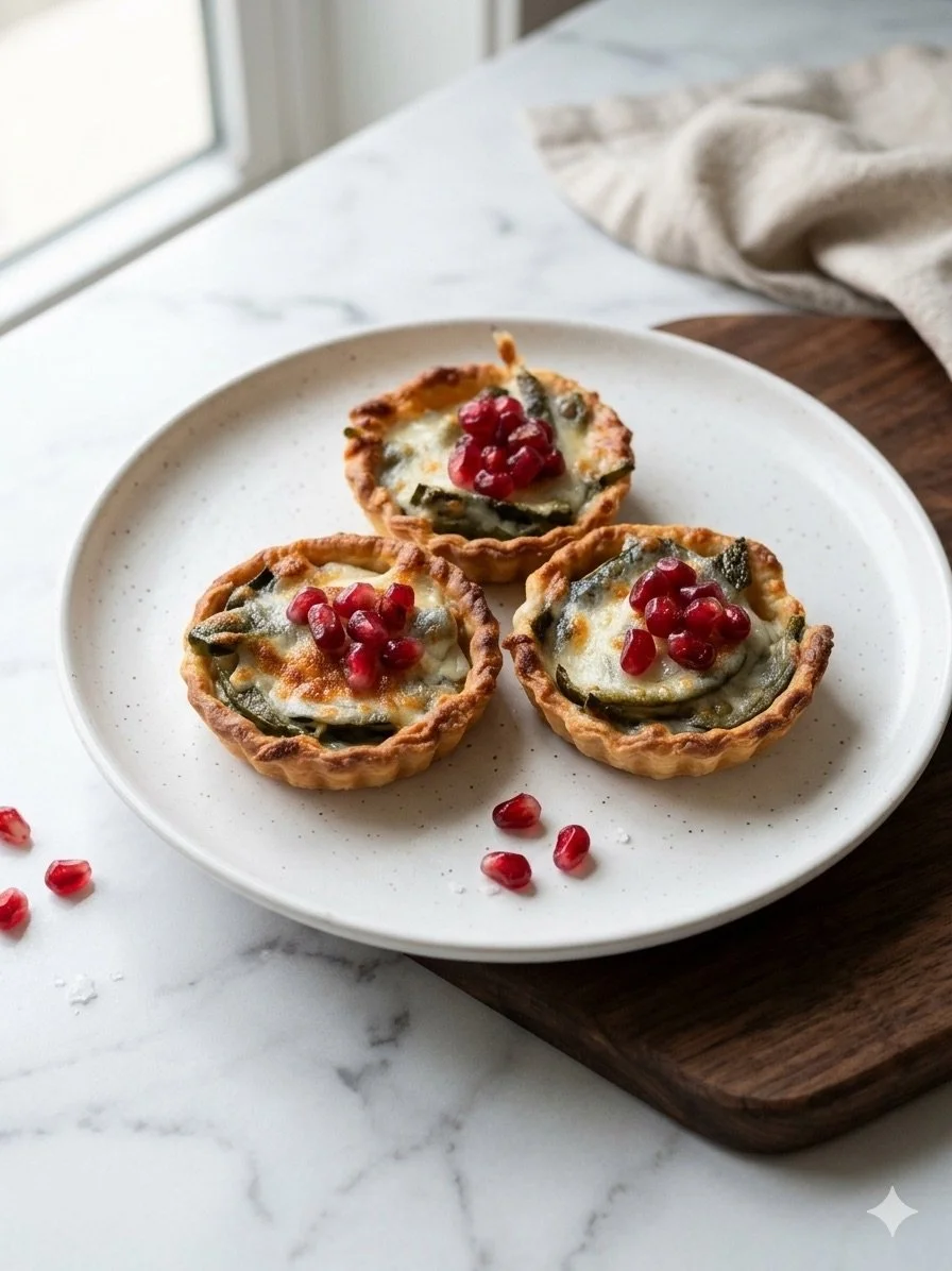 Three mini savory tartlets with green vegetable filling, melted cheese, and pomegranate seeds on top, served on a white plate. Seattle Washington Catering Food Events Serving.