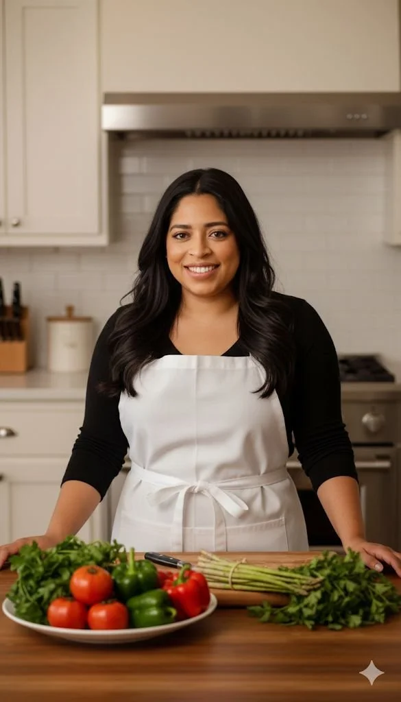 Woman in black shirt and white apron smiling in a kitchen with various vegetables on the countertop, including tomatoes, green and red peppers, and herbs. Adalid Montalvan owner and chef Amores y Sabores Seattle Catering.