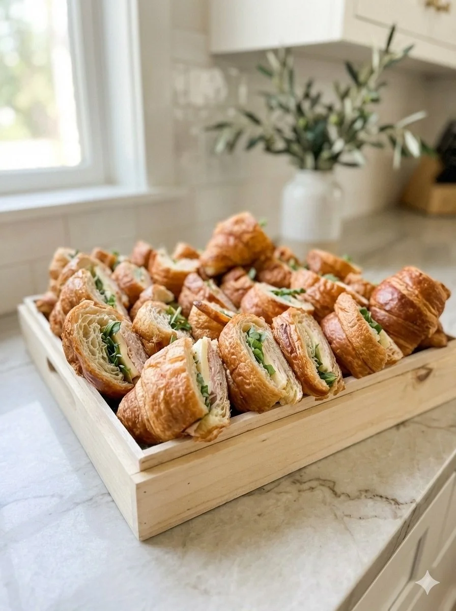 Assorted croissant sandwiches with greens, arranged in a wooden tray on a marble kitchen counter. Seattle Washington Catering Food Events Serving Delivery, Corporate Events.