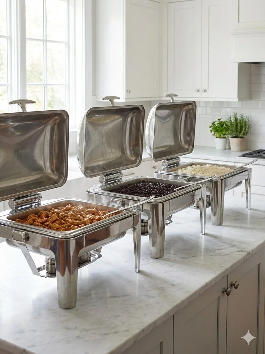 Chafing dishes with breakfast foods on a white kitchen counter, including fried chicken, scrambled eggs, and breakfast beans, with white cabinets and potted plants in the background. Seattle Washington Catering Buffet.