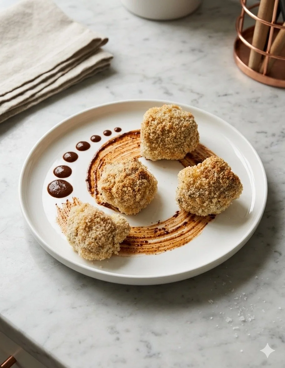 Four pieces of breaded fried chicken tenders on a white plate with chocolate sauce drizzle and decorative streaks, marbled countertop in the background. Seattle Washington Catering Food Events Serving.