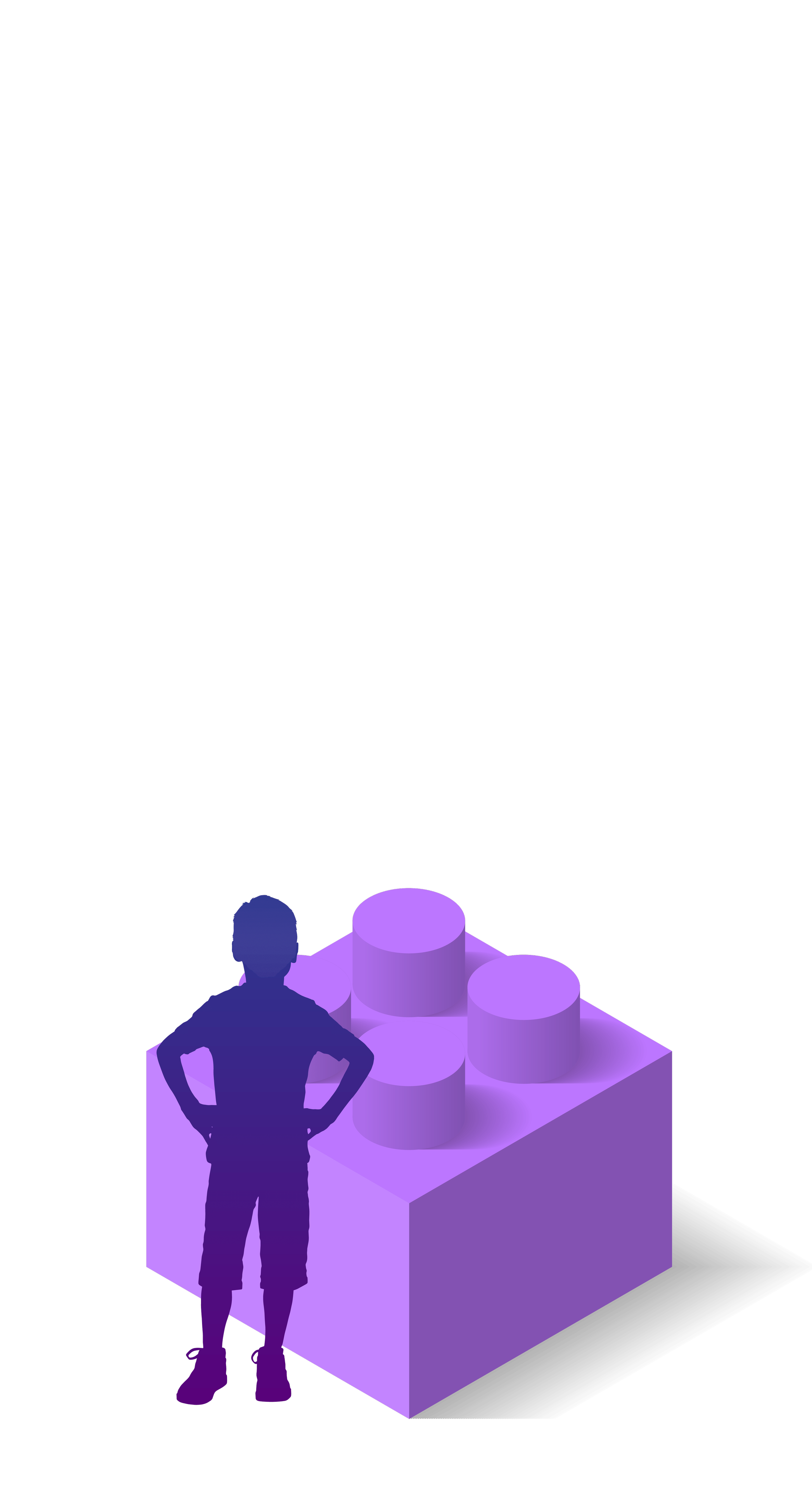 A silhouetted person standing with hands on hips in front of a large, purple, neon-lit LEGO brick.