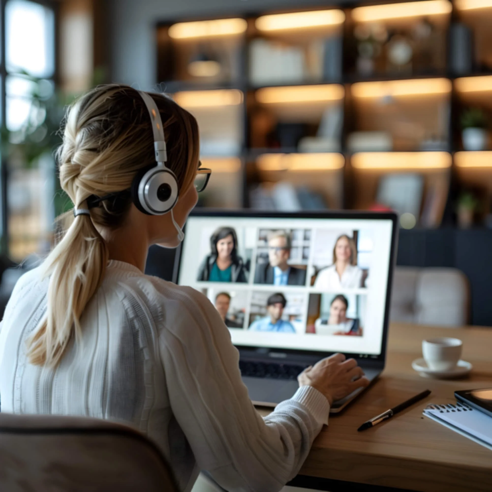 Loraine Rushton wearing headphones and glasses working on a laptop with a video conference call on screen in a modern office setting.