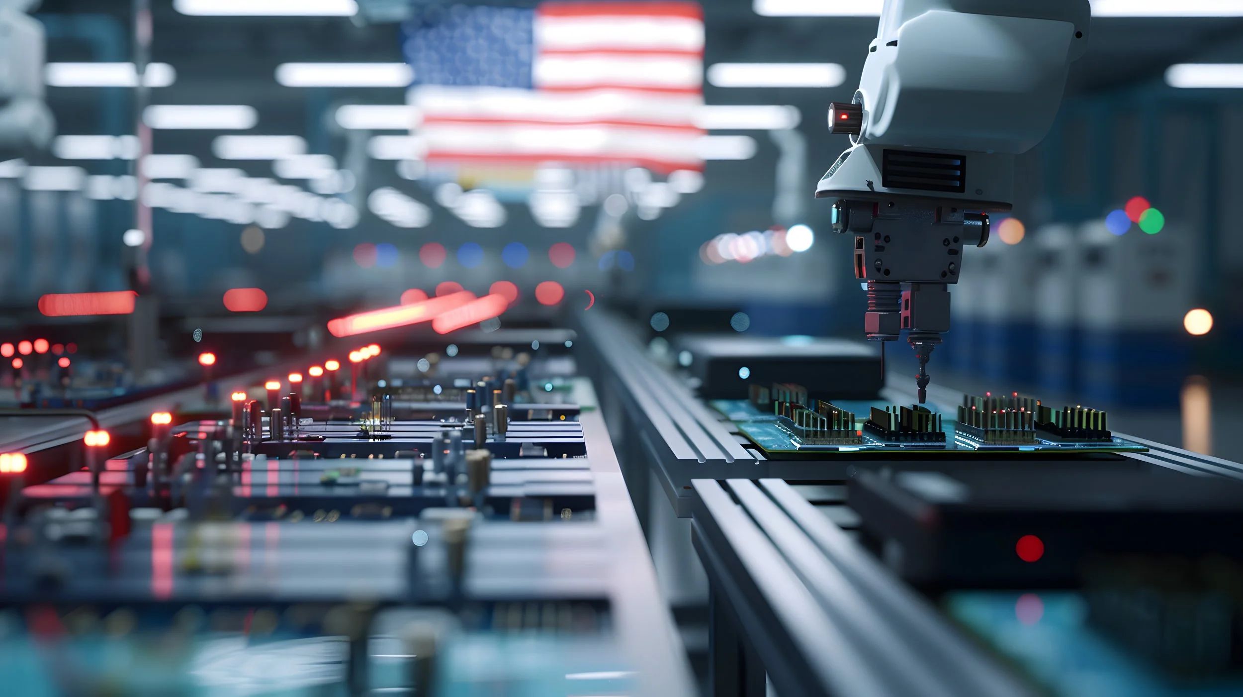 picture of flag over manufacturing line
