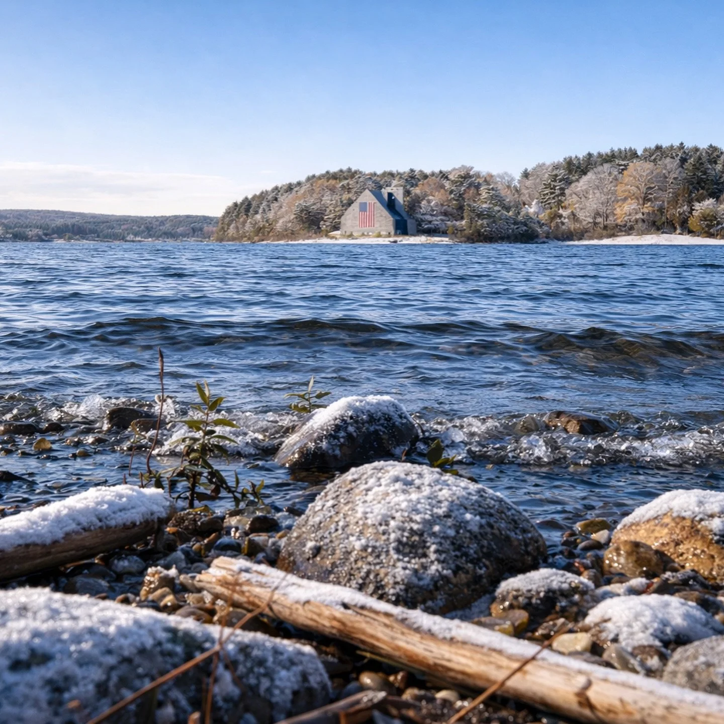 Winter slows everything down except the feeling ❄️ 

Swipe to step closer into the scene 👉 

Across the frozen water, the Old Stone Church in Boylston stands quietly wrapped in an American flag. Snow settles along the shoreline. Bare trees hold onto