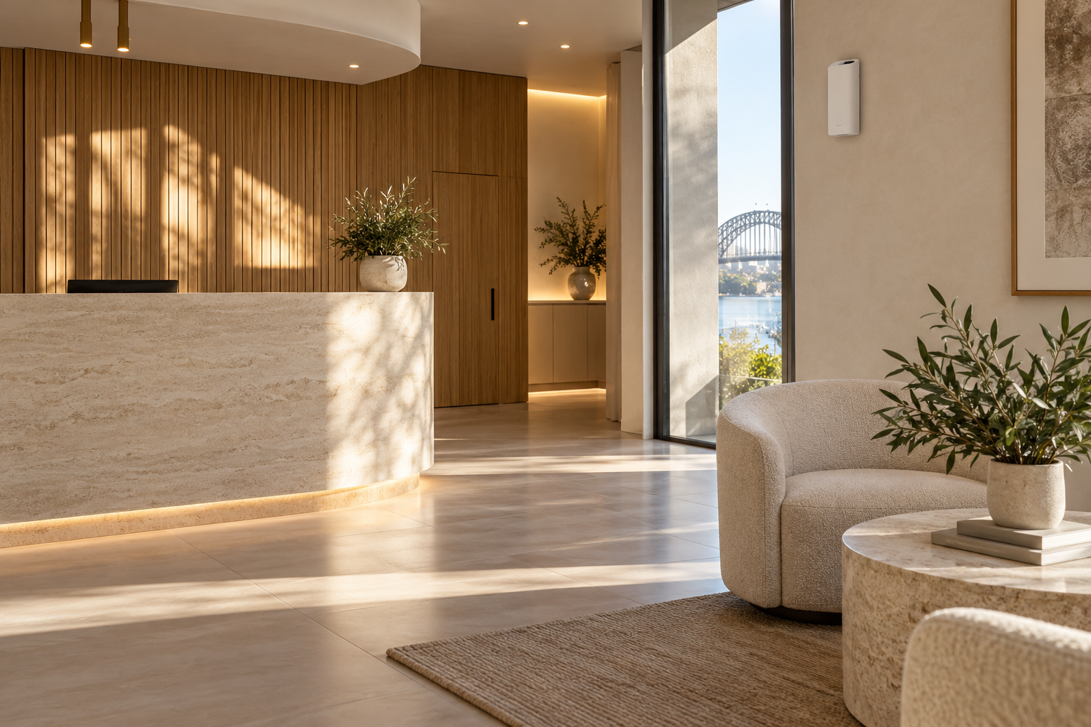Modern business reception with a discreet wall-mounted commercial scent diffuser.