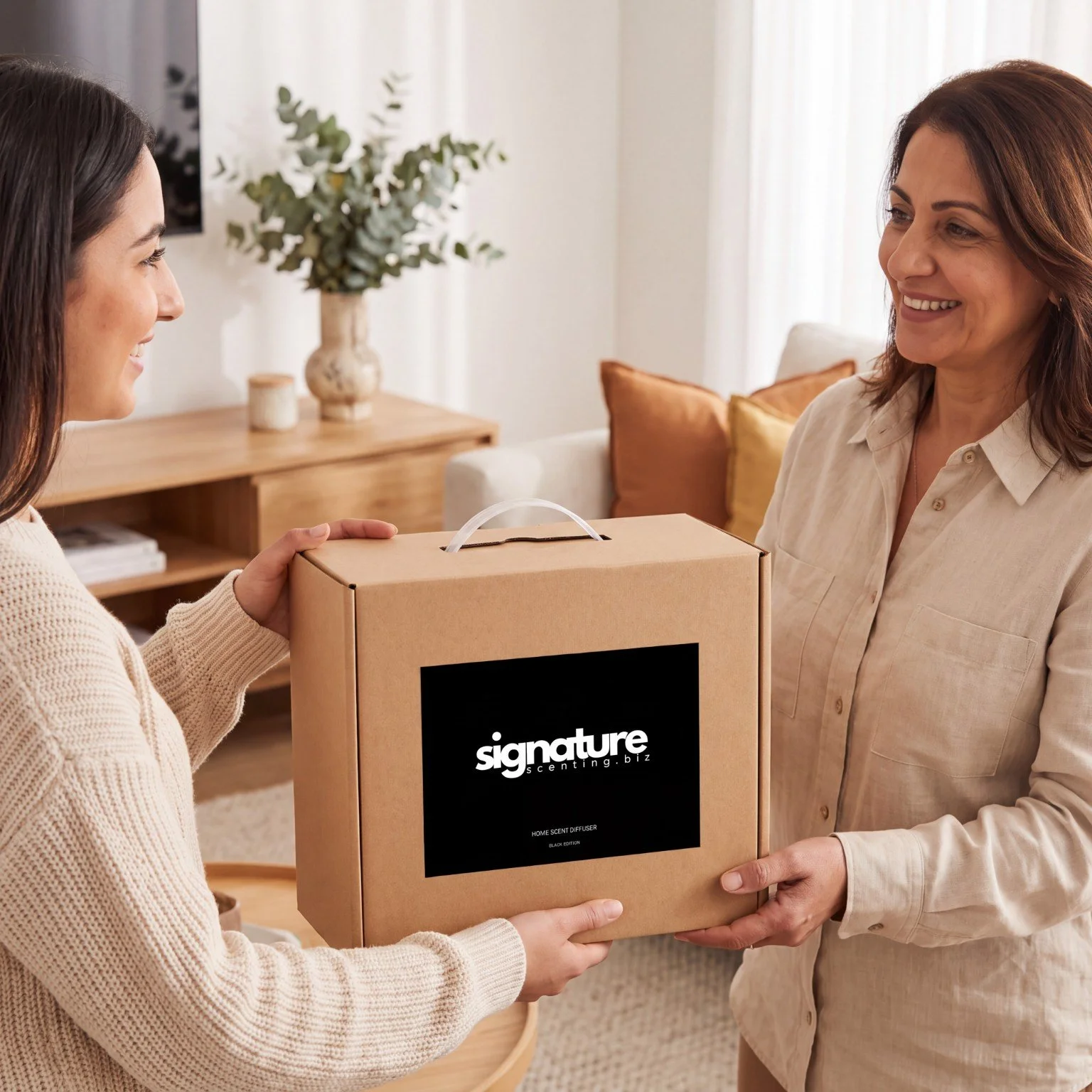 Two women exchanging a Signature Scenting diffuser gift.