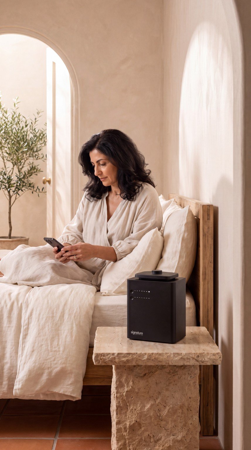 Black home scent diffuser beside a bed in a softly lit bedroom.